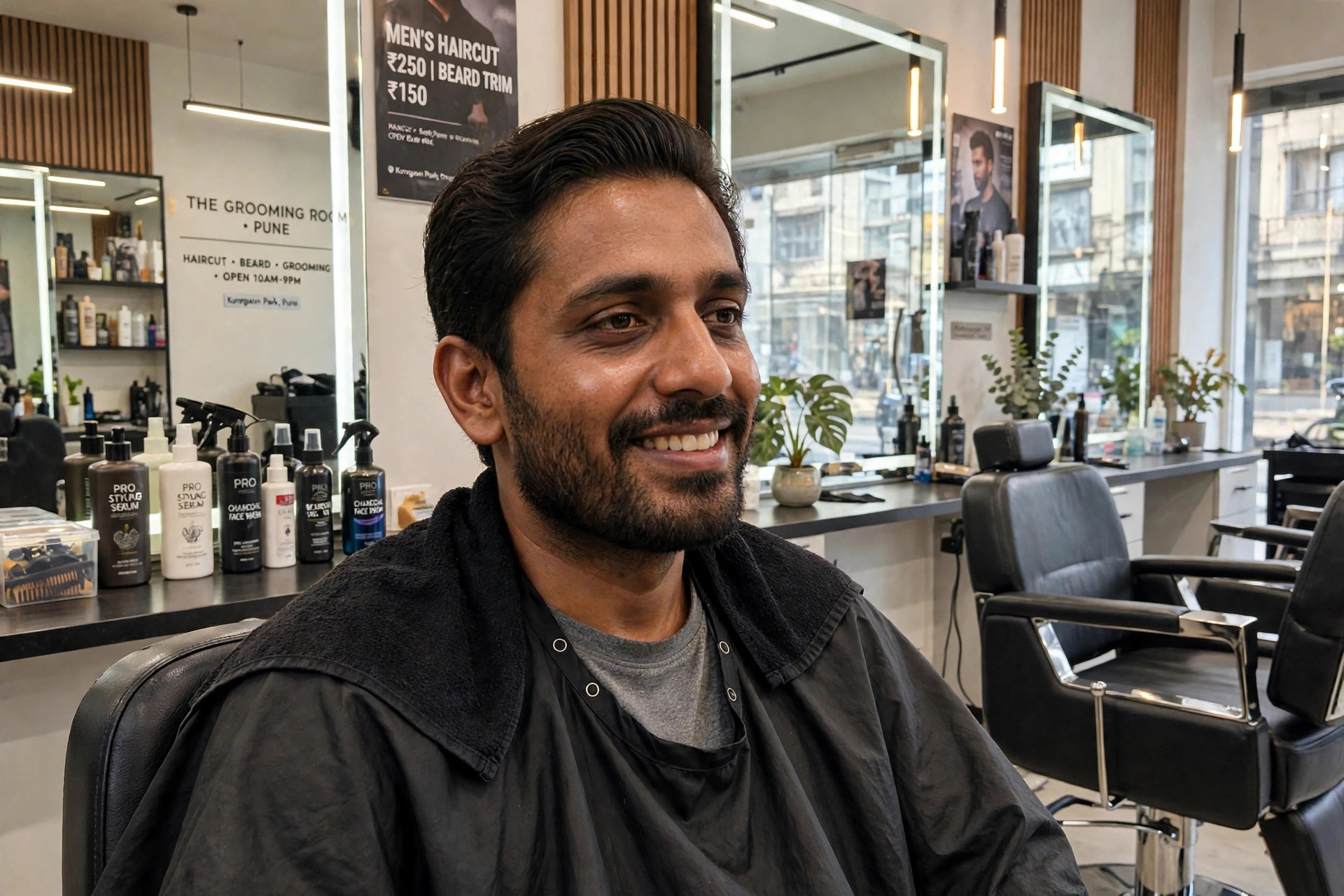 Same man with styled hair and glowing face smiling confidently after salon visit