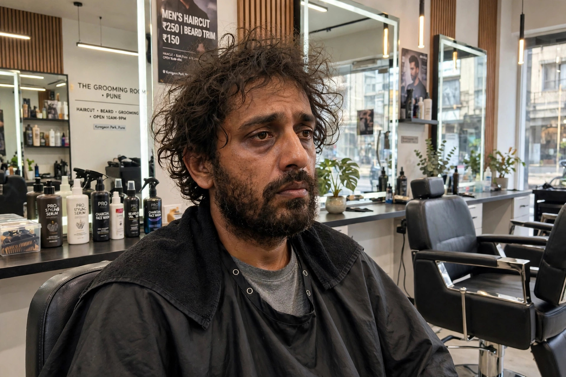Man with dull frizzy hair and tired face before salon visit